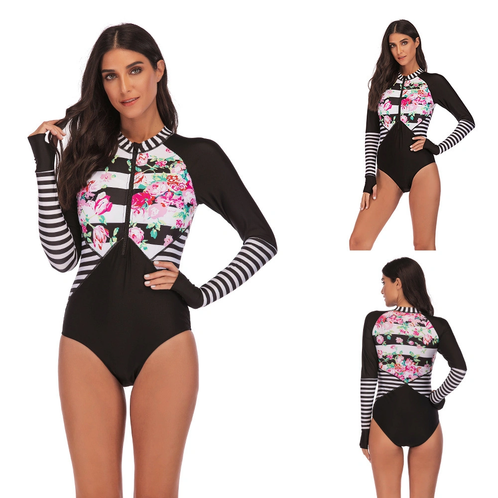 Women's Long Sleeve Rash Guard Swimsuit Sun Protection Sport Floral Striped One Piece Swimwear