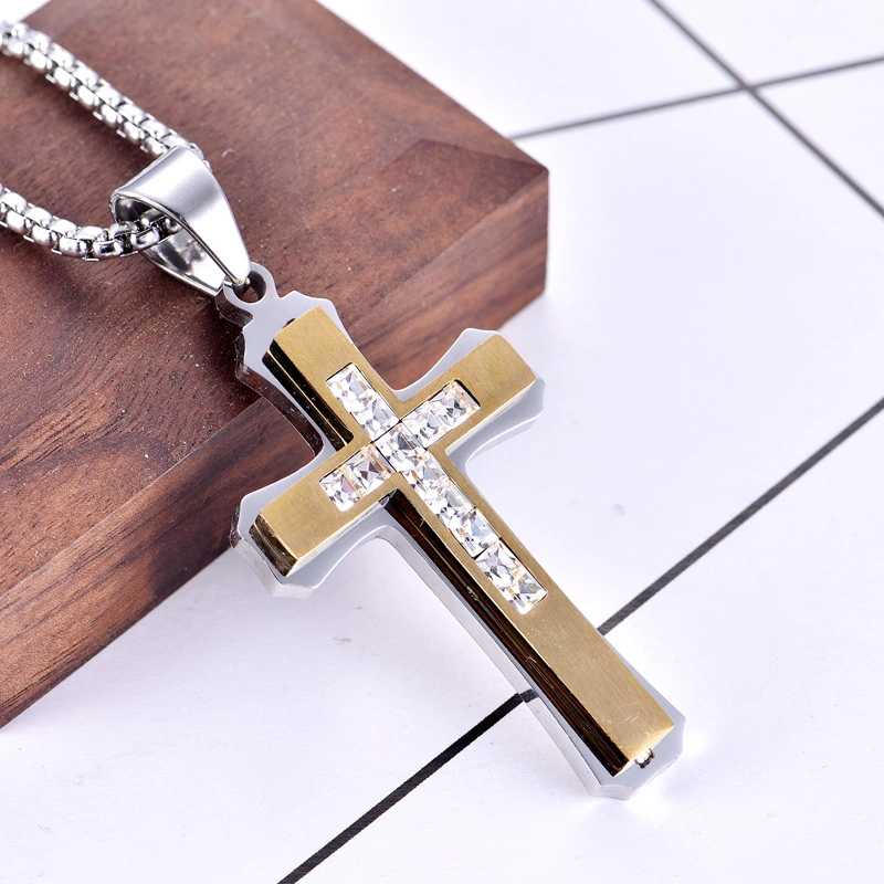 Necklace Men&prime; S Stainless Steel Multilayer Cross Diamond Pendant Necklace Titanium Steel Jewelry Gift