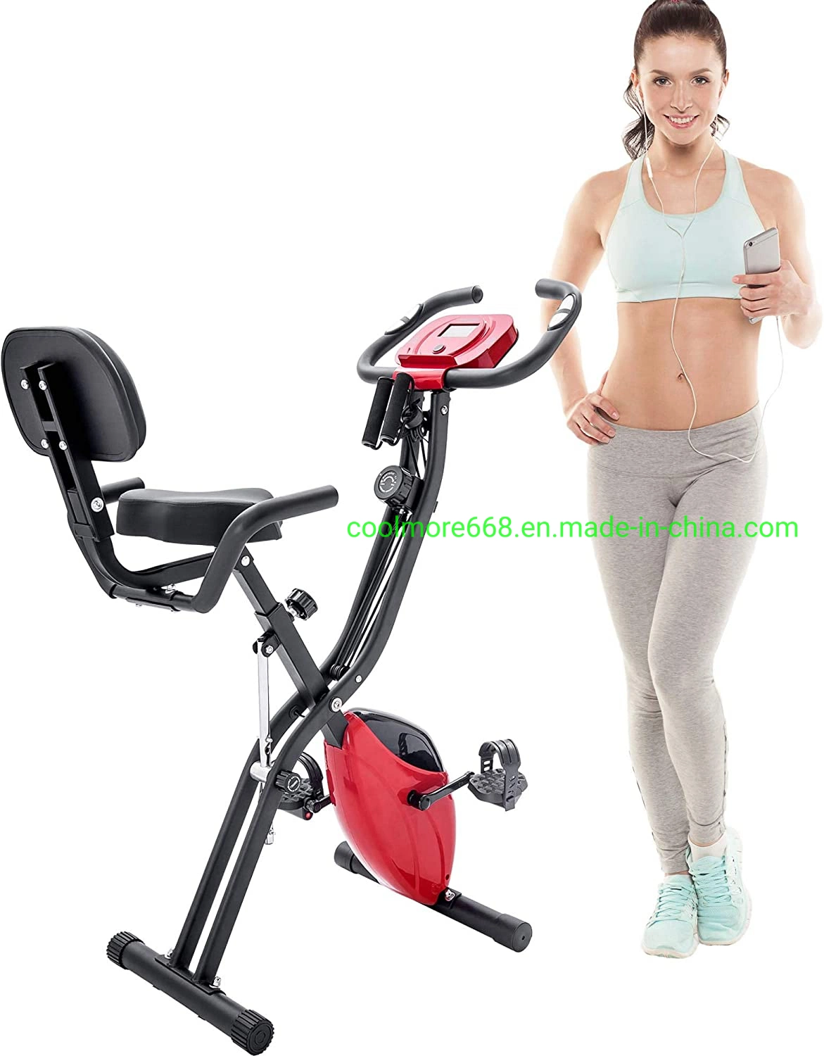 Folding Bicycle Exercise Bike, Fitness Upright and Recumbent X-Bike with 10-Level Adjustable Resistance, Arm Bands and Backres