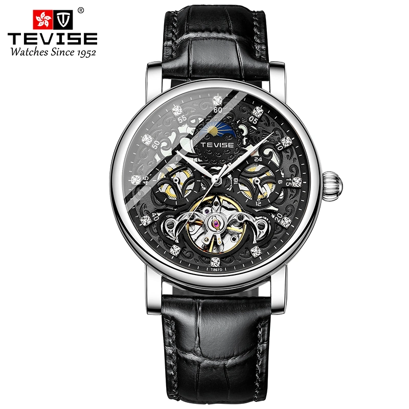 Luxury Brand Tourbillon Mens Watches Diamond Fashion Leather Automatic Mechanical Watch