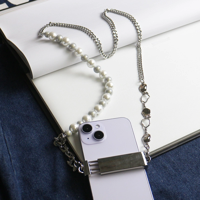 White Pearl Phone Clip Universal Heart Shape Pearl Crossbody Strap Phone Case Accessories