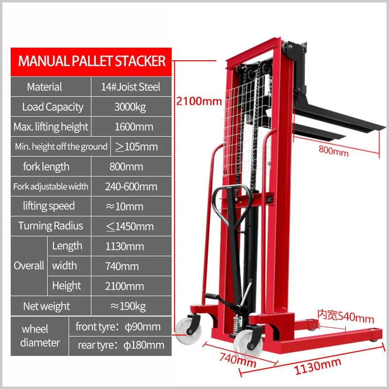 Red Color Manual Hydraulic Pallet Hand Lifting Stacker