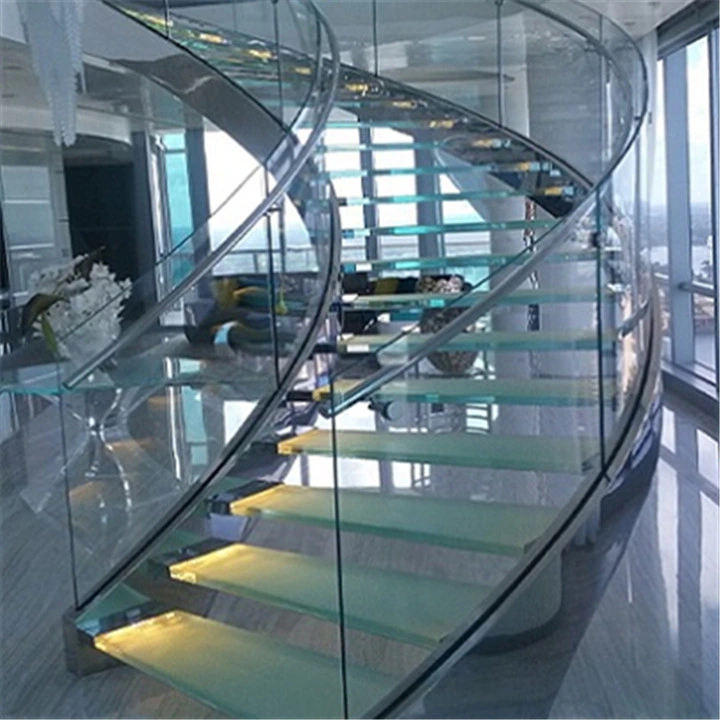 Australia Style High End Interior Wood Steel Curved Staircase with Glass Railing