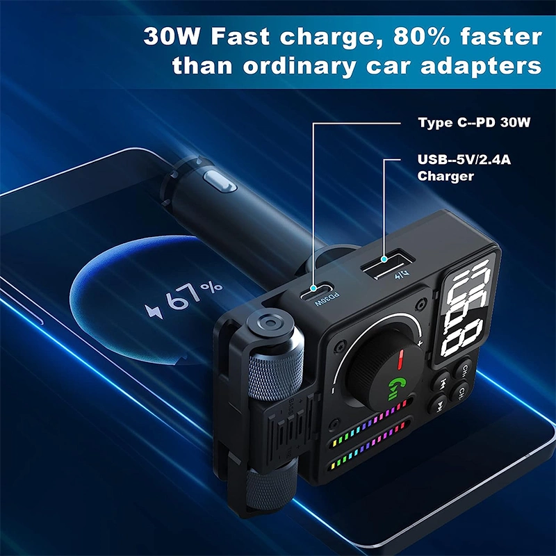 2023 Hot Sale Bluetooth 5.3 FM Transmitter Pd30W Type C Bluetooth FM Transmitter with Fast Charge & USB Port