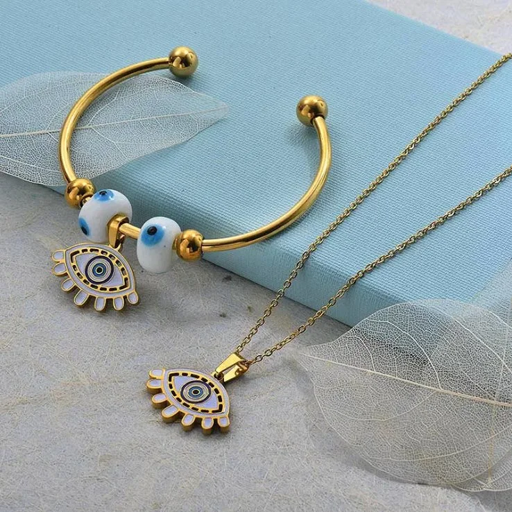 18K Gold Plating Stainless Steel Chain Bracelet Enamel Evil Eye Charm Pendant Bangle Necklace Jewelry Sets