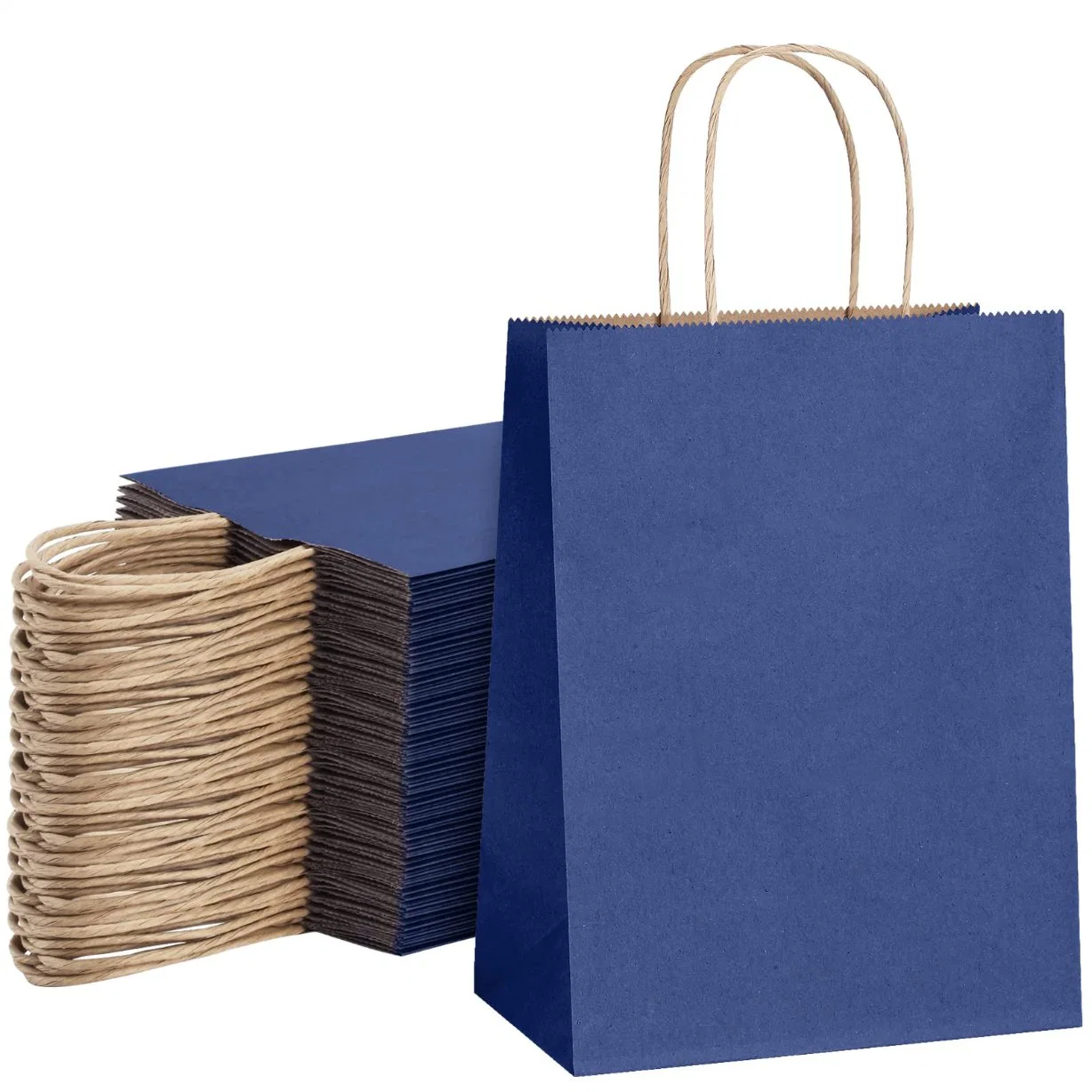 Navy Blue Paper Gift Bags, Kraft Paper Bags with Handles Bulk 8X4.25X10.5 100 Pack Medium Size, Recyclable Blue Craft Shopping Bags, Party Bags, Birthday Goody