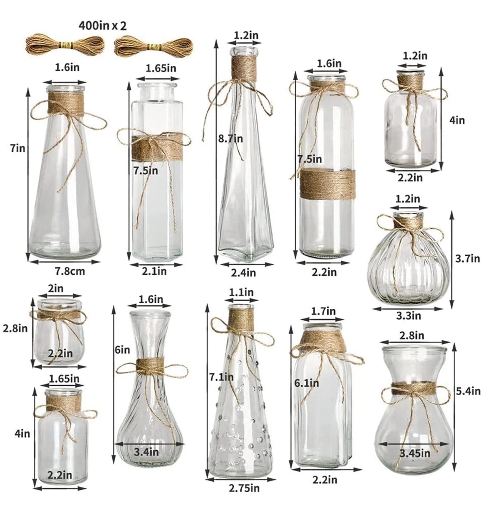 Full Range Assorted Clear Glass Planter Glass Vase with Jute Rope Decoration