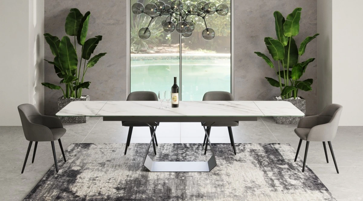 Modern Wholesale Square Extension Ceramic Tempered Glass Dining Table with Metal Leg