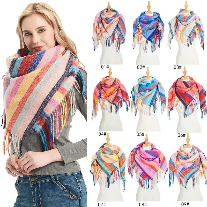 وشاح مربع Women Square Shawl كبير الحجم ومخطّط وملون مع حافة