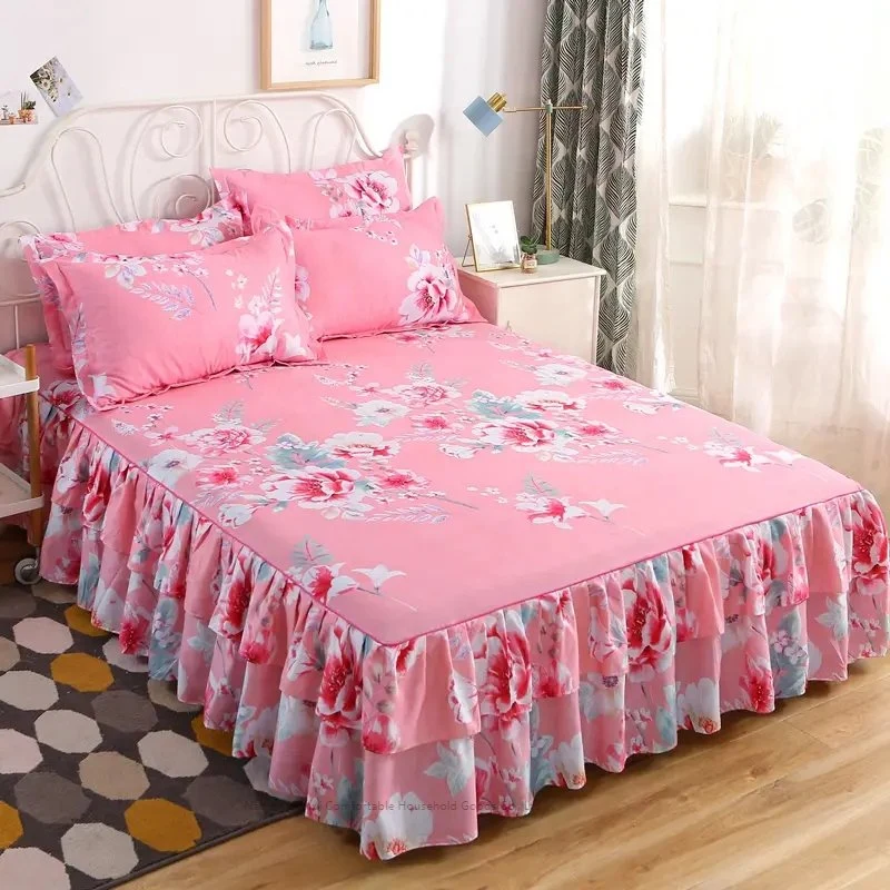 100% Cotton Korean Style Girl Heart Bed Skirt Quilt Cover Four Piece Set Bedding