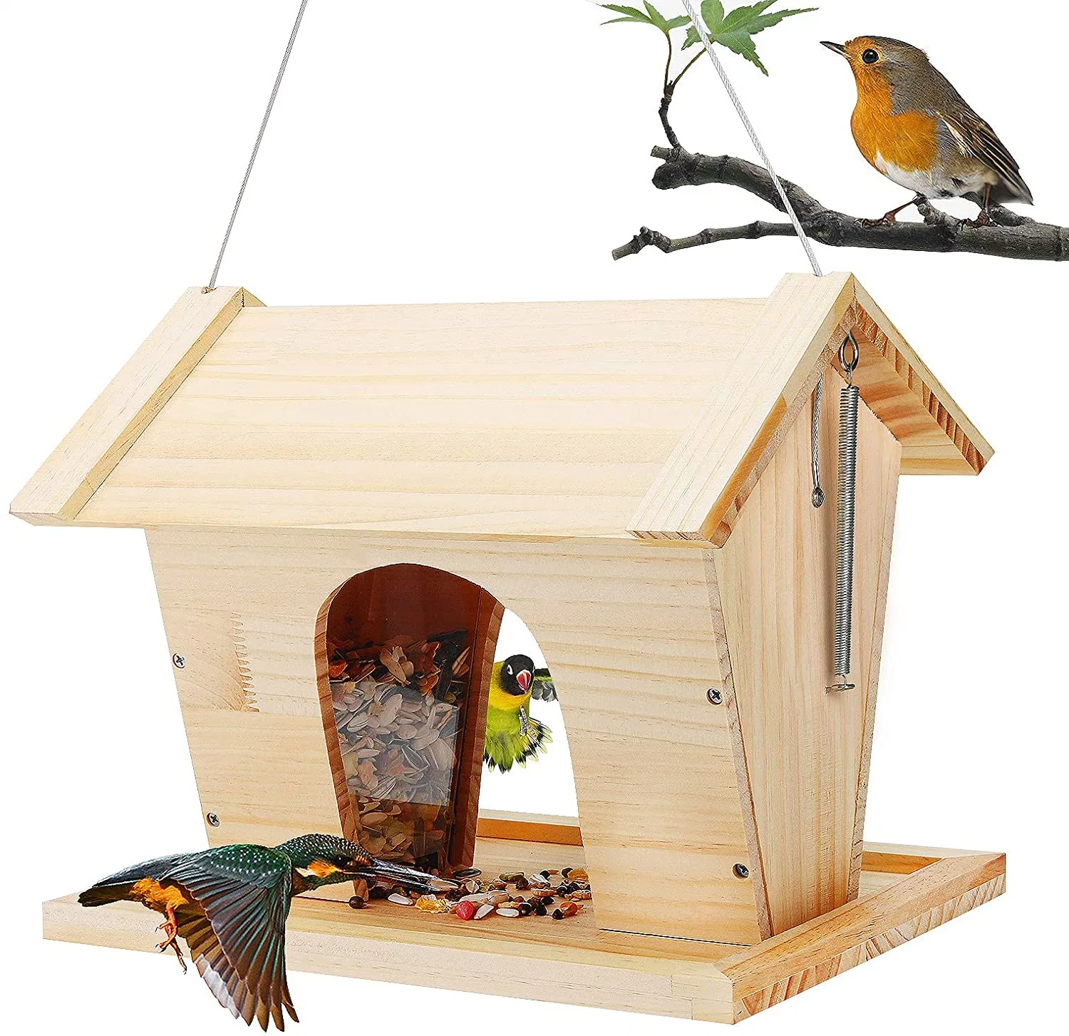 Mangeoire à oiseaux sauvages Birdhouse en bois pour l'extérieur, grande suspension avec Orifices de vidange