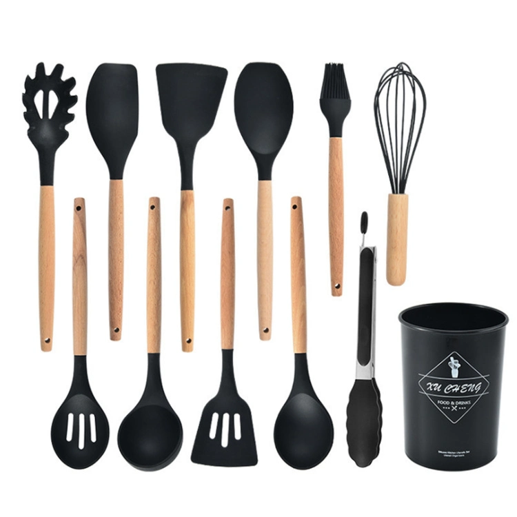 12PCS Non-Stick Silicone Kitchenware Cooking Tool Silicone Kitchen Utensils Sets with Wood Handle