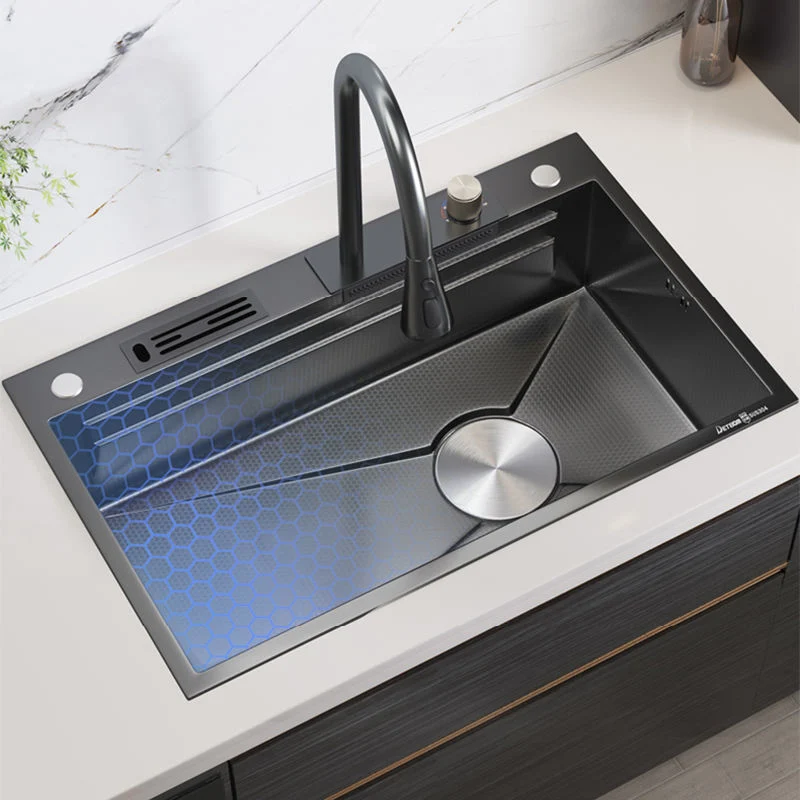 Luxury Modern Draining Single Bowl 304 Stainless Steel Multifunction Kitchen Sink Black Waterfall Faucet Kitchen Sinkspopular