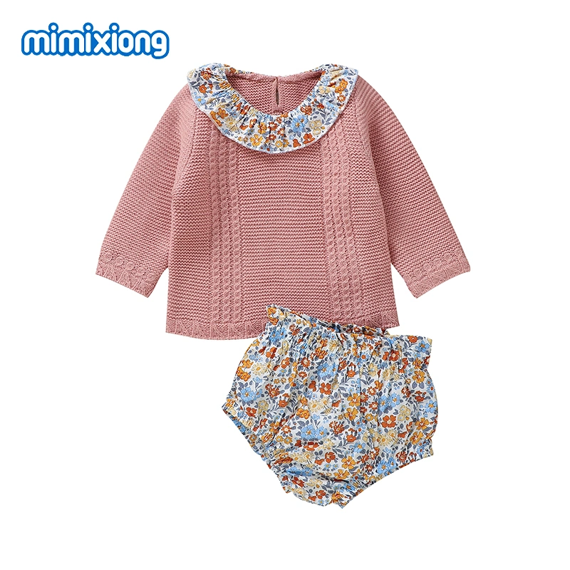 Mimixiong Wholesale/Supplier Infant Baby Clothing Soft Warm Flowers Pattern Baby Knitted Pullover Sweater and Pants Sets for Girls