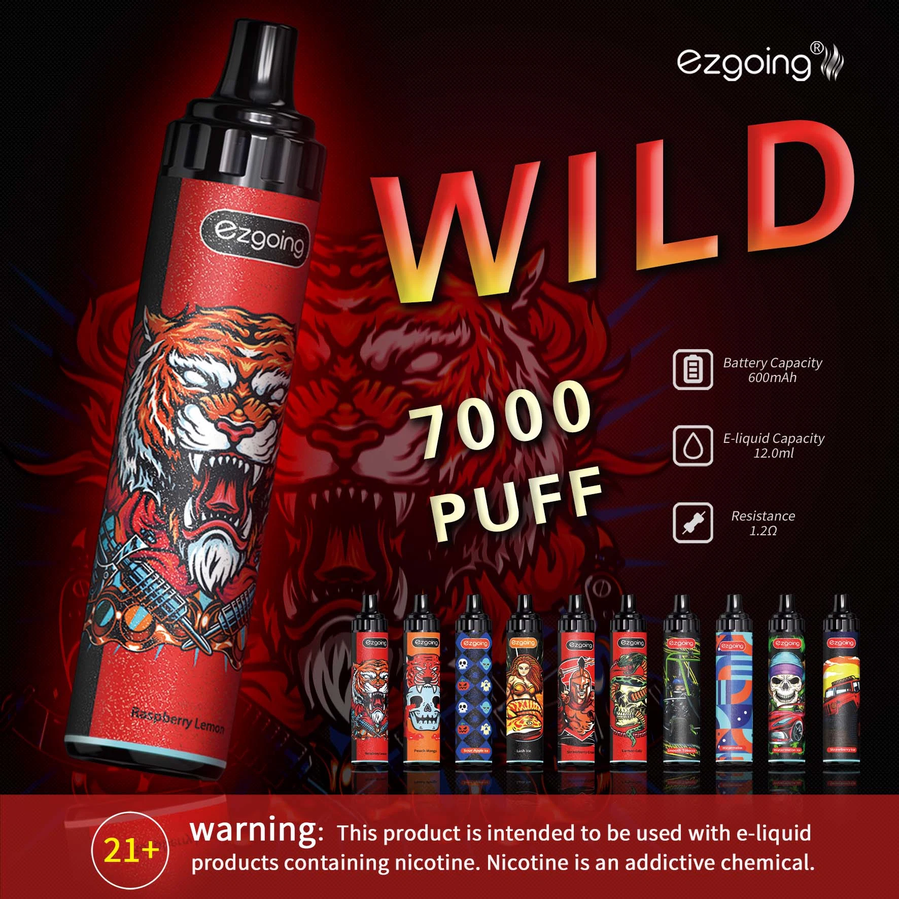 Wild Bar 7000 Puffs con 10 sabores cigarrillo electrónico VAPE