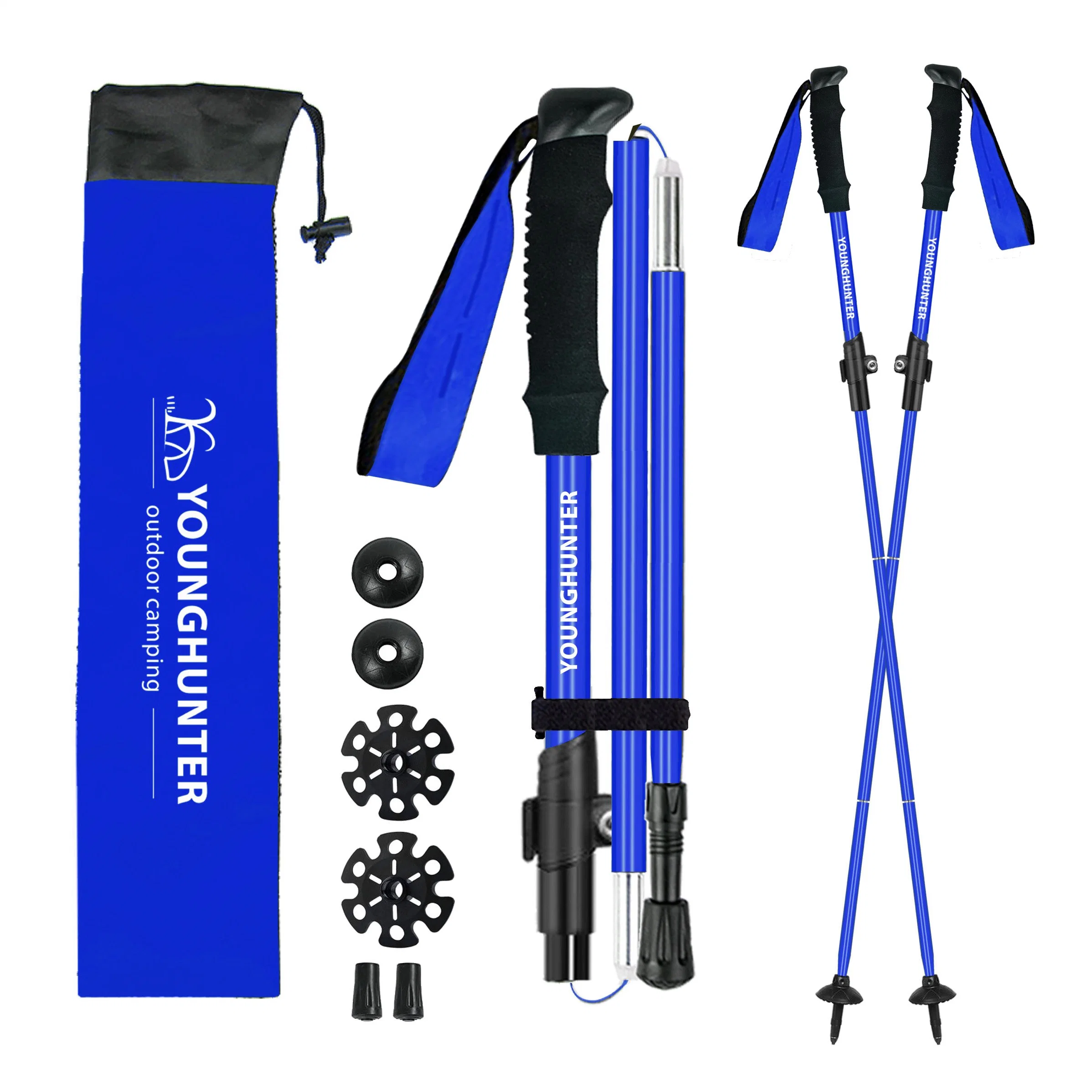 Custom Palos De Trekking 4-Section Telescopic Folding Aviation Aluminum 7075 Walking Hiking Sticks Trekking Poles -Blue