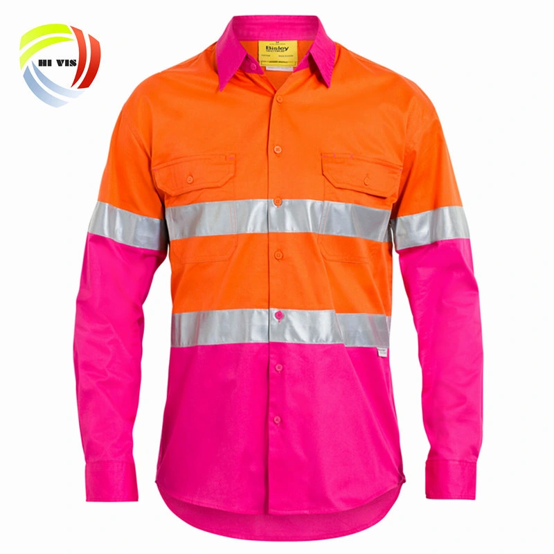 Custom Two Tone 100% Cotton Drill Light Weight Long Sleeve Work Uniform Reflective Safety Hi Vis Workwear for Men