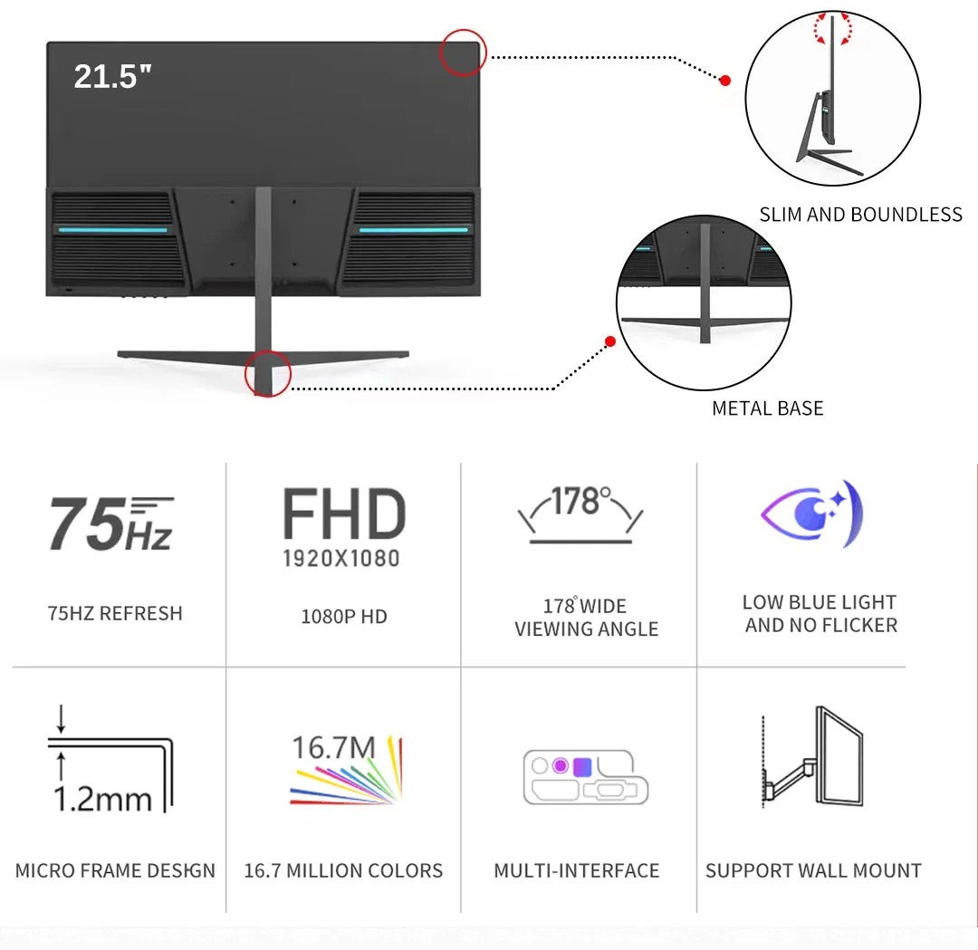 Ecran LCD LED 21.5 pouces IPS haute qualité à chaud 75 Hz Moniteur LED d'affichage