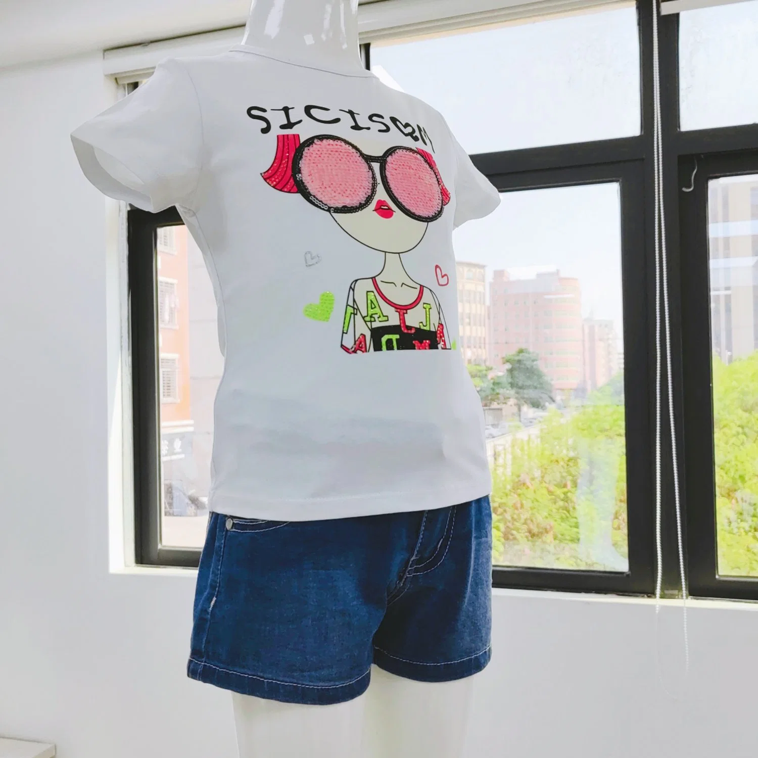 Wholesale/Supplier Set 4-12 Years Old Casual Girls Cotton T-Shirt + Denim Shorts 2 Kids