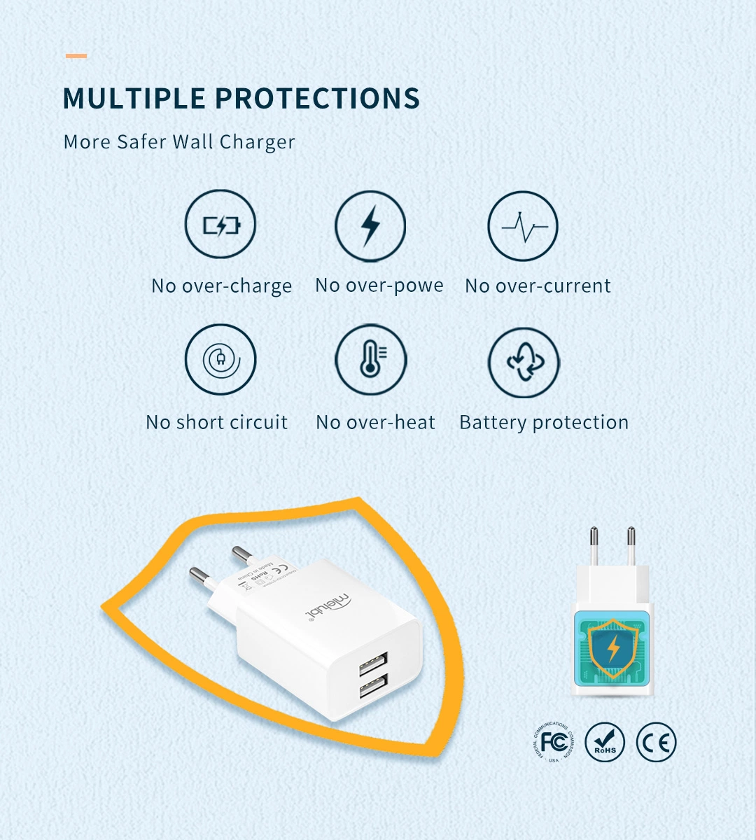 2.1A Fast Charge Dual USB Charger for Mobile Phones and Tablets CE/FCC/RoHS Certification