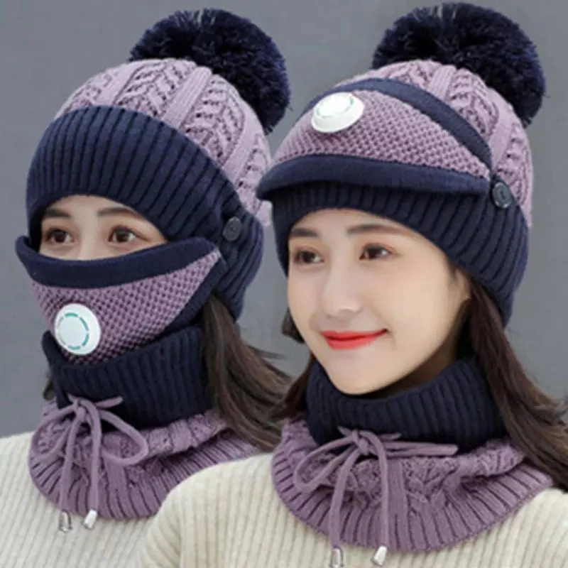 Warm Fleece Knit Wintermütze Schal Gesicht Maske Set Mädchen Ohrenschützer-Cap mit POM POM Custom Design Strickmütze Für Frauen