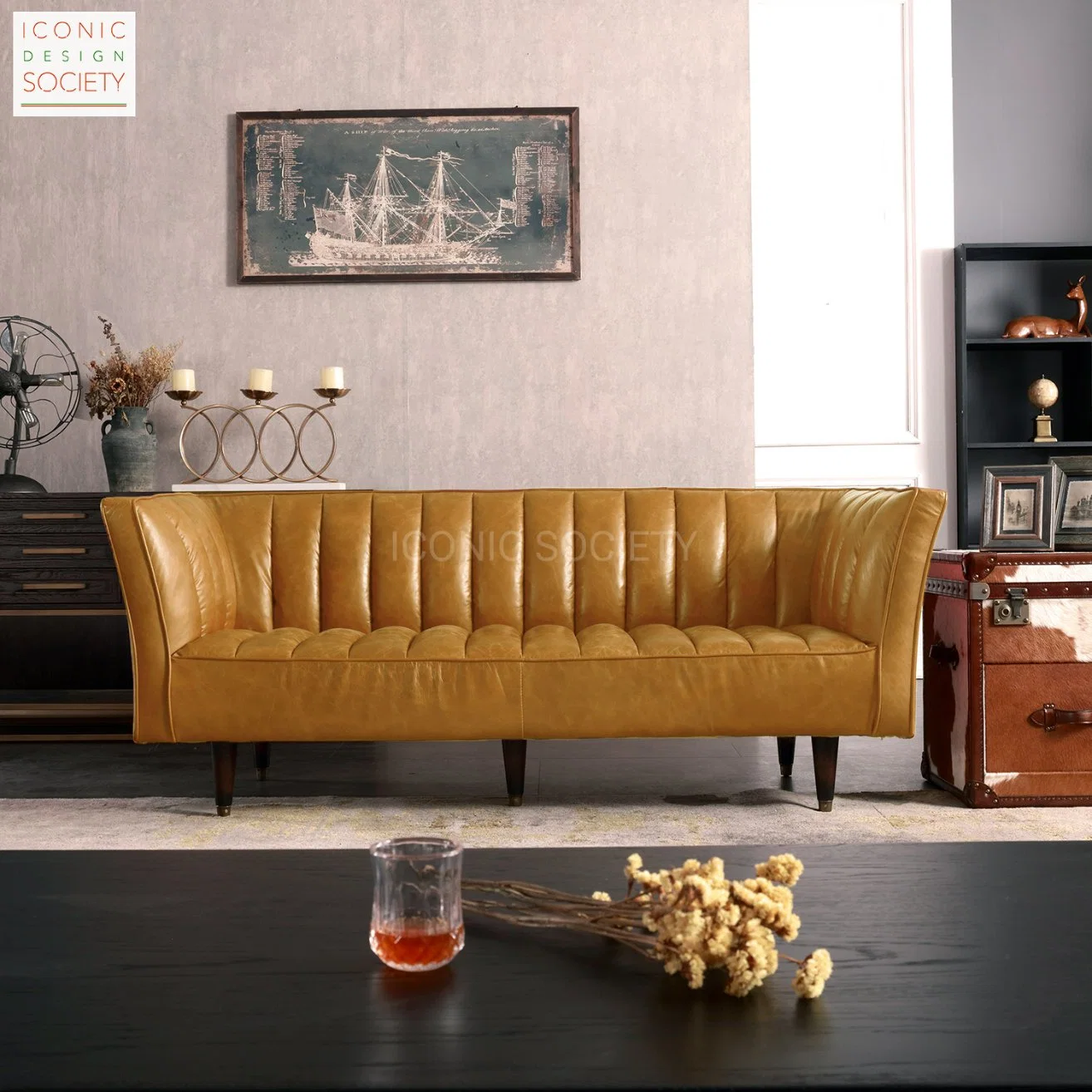 Salón de hotel moderno Muebles de oficina en casa Canal Tapizado Juego de sofás de cuero genuino de lujo con estilo vintage de madera