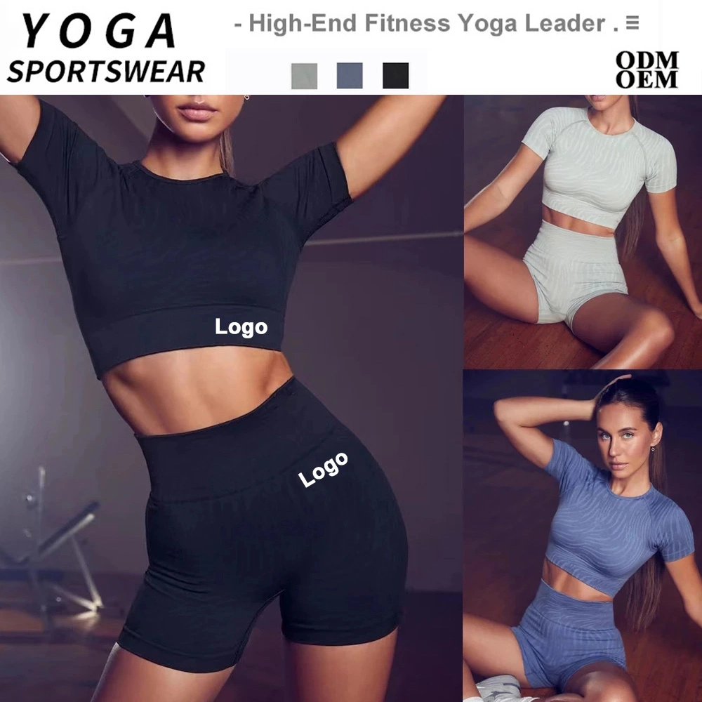 Großhandel Schweißanzüge Nahtloses Yoga-Set Frauen Zebra 2PCS Crop Shirt Sport Workout High Waist Shorts Zweiteiliger Anzug Weibliche Fitness Gym Sport Tragen