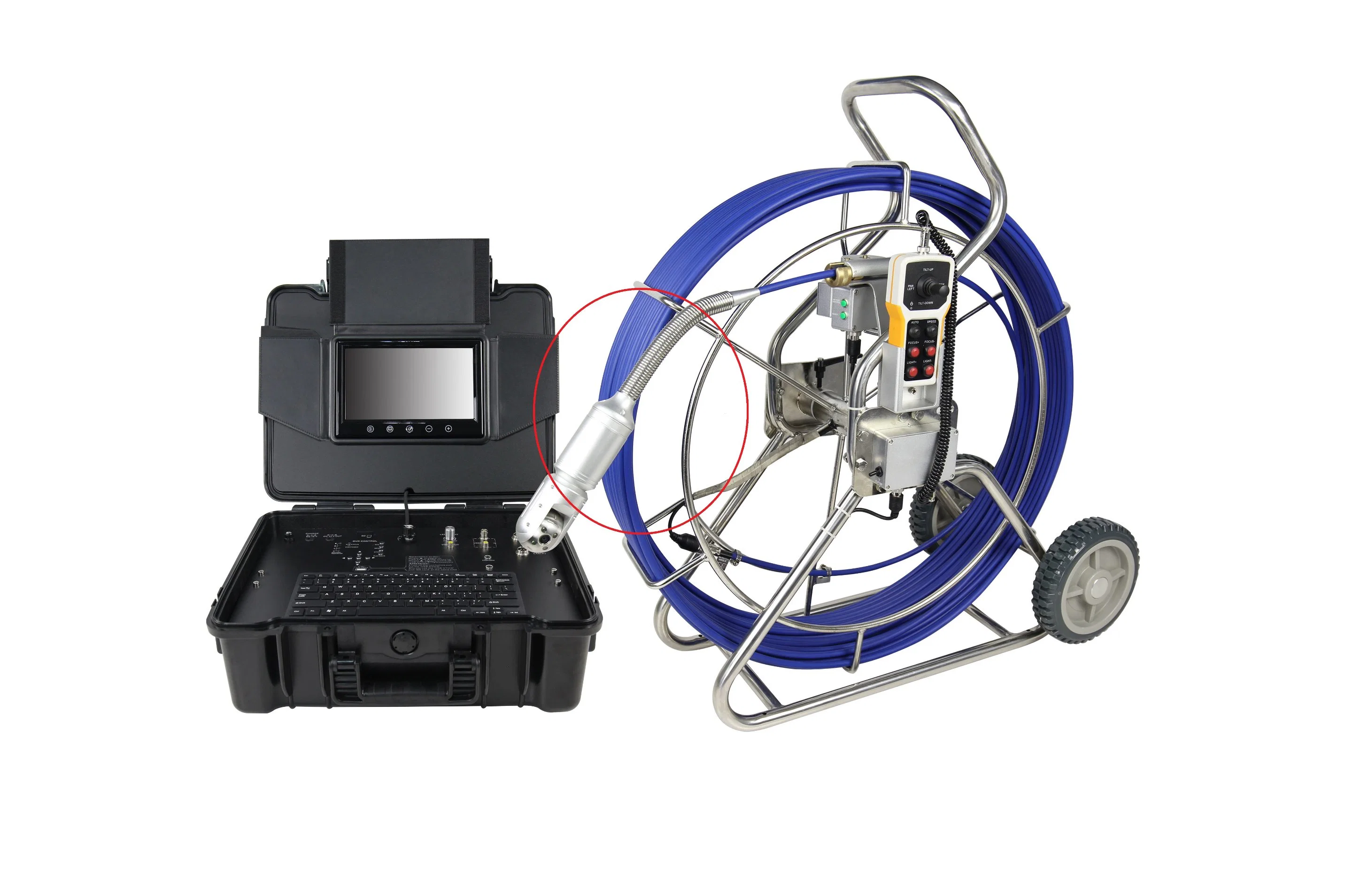 Sistema de câmaras de inspecção de condutas de esgotos/drenagem/subaquático com lente de câmara PTZ de 65 mm, ecrã LCD de 10.1", cabo de 100 m.