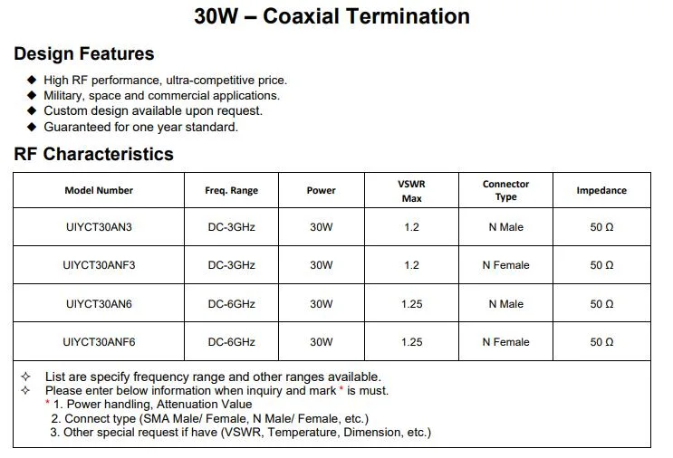 Terminação Coaxial UIY DC de Alta Frequência-3GHz Power 30W carga fictícia