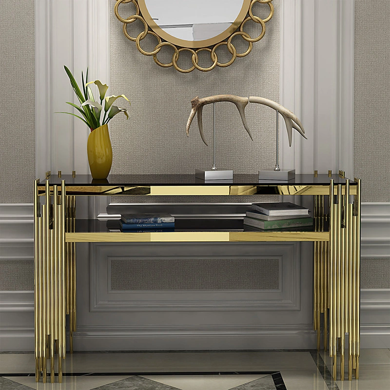 Роскошный современный дизайн золото из нержавеющей стали закаленное стекло сверху прямоугольник консольного стола