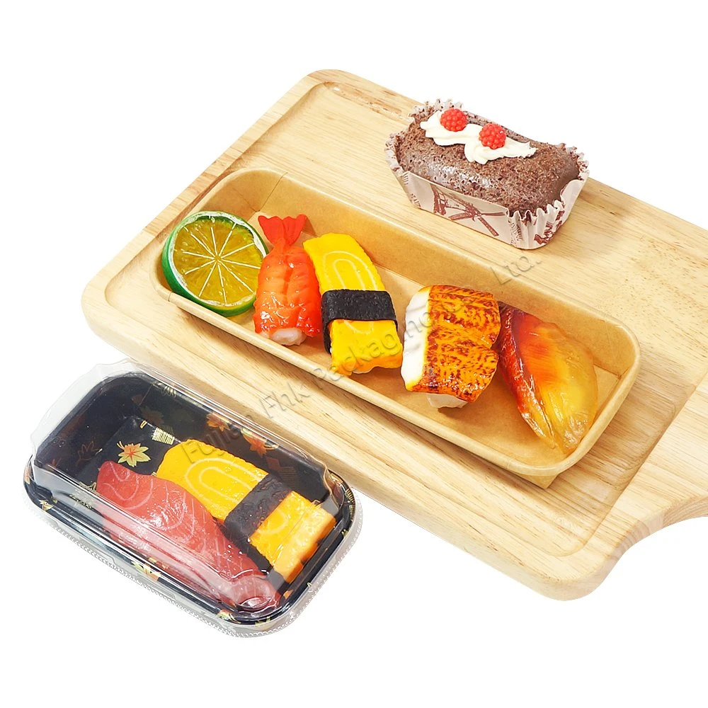 Disposable Paper Food Tray Biodegradable Eco Packaging Sushi Box Tray Pack Paper Party Plates Rectangular Clear Plastic Lid