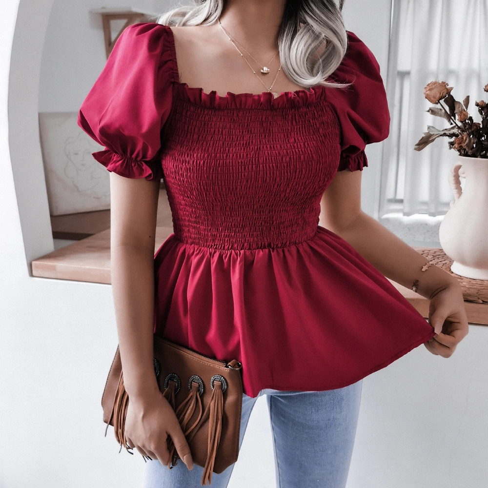 Fashion Lantern Sleeve Hem Ruffled Chiffon Shirt Top