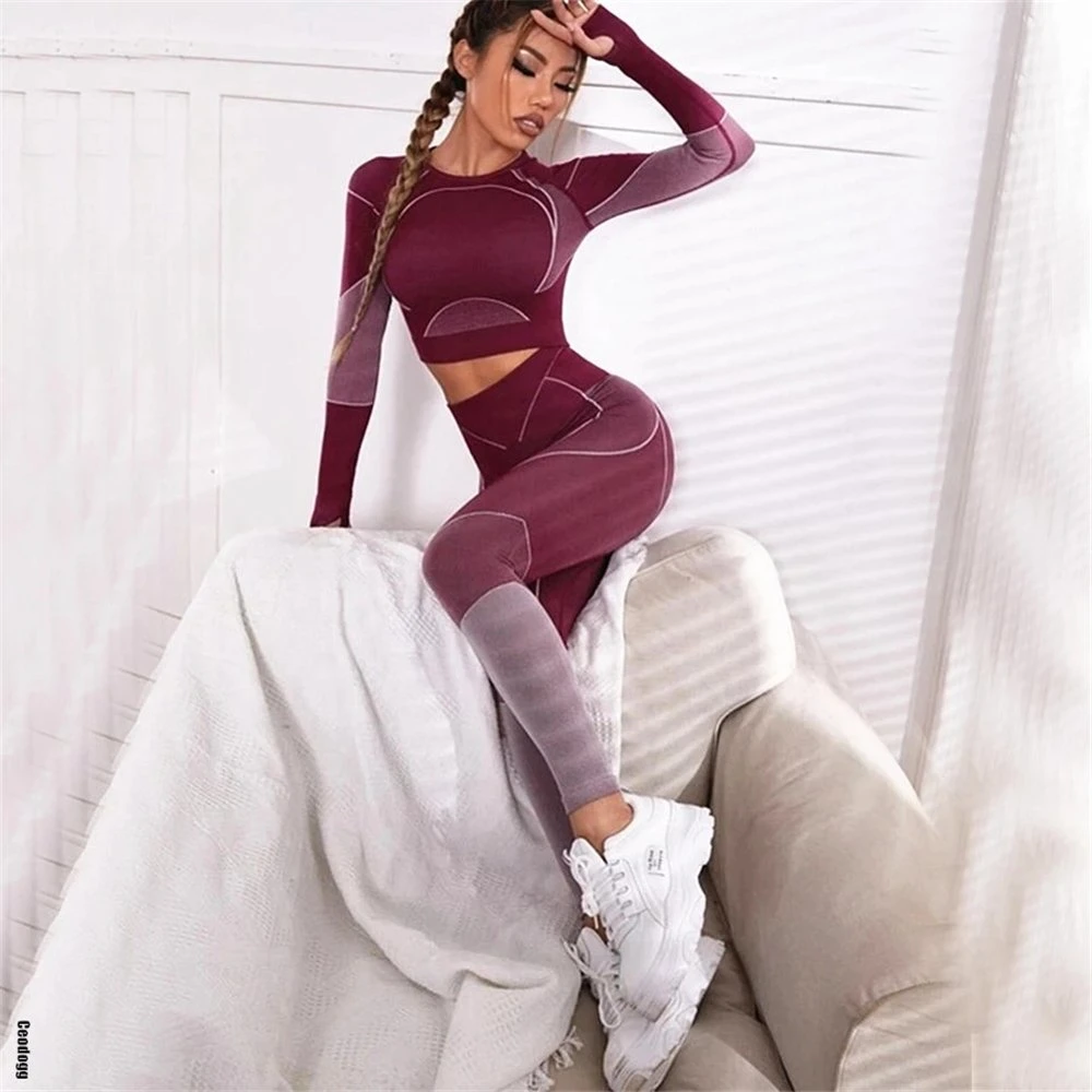 2022 New Color Tracksuit Women&prime; S Seamless Yoga Suit Gym Wear Fitness Clothing High Waist Leggings Long Sleeve Crop Top Sportswear