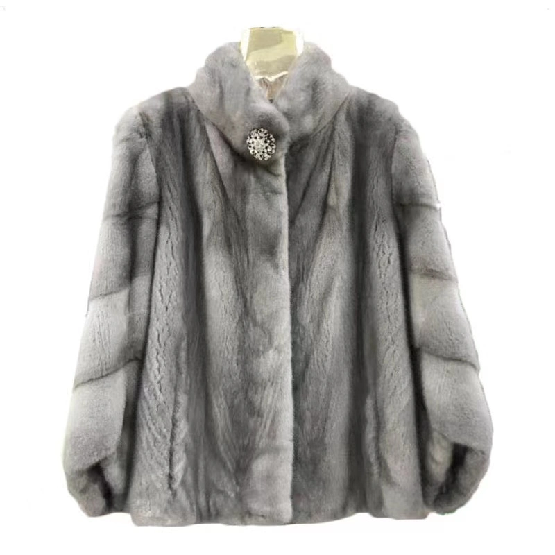 Women's Leisure Silver Blue One Size Mink Fur Coat