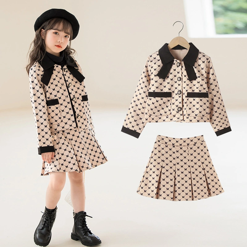 Wholesale/Supplier Fashion Girl&prime; S Suits Lapel Jacket Pleated Skirt 2PCS Sets Full Printed Children&prime; S Apparel Spring Autumn New Design Girl&prime; S Suit