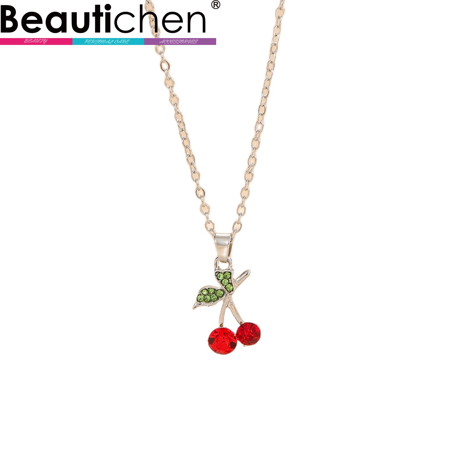 Beautichen New Arrival Vintage Gold Plated Rhinestone Crystal Cherry Pendant Necklace for Girls