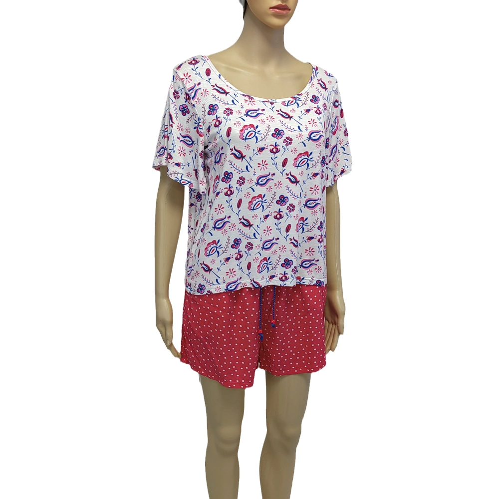 Homewear Short Sleeves Shorts Set Bamboo Sleepwear Viscose Slub Yarn Jersey Top and Textile Woven Shorts