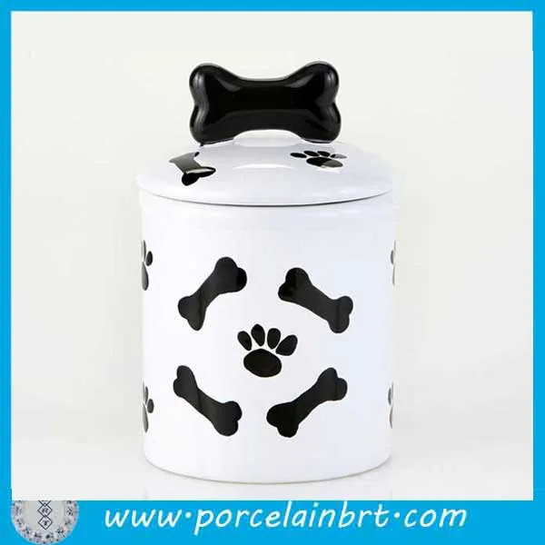 Round Ceramic Dog Treat Container Creative Porcelain Pet Food Storage Jar Holders