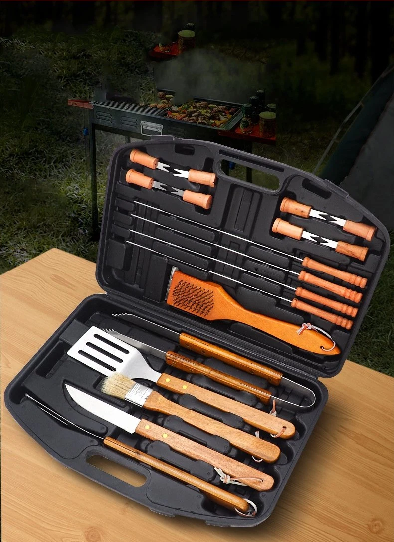 Ensemble d'outils pour barbecue poignée en bois en acier inoxydable valise portable BBQ18-PIEC Ensemble de gril