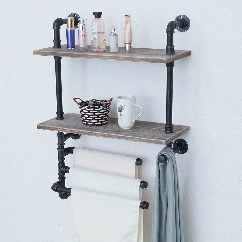 Industrial Bathroom Shelves Wall Mounted 2 Tiered, Rustic 24in Pipe Shelving Wood Shelf with Towel Bar,Farmhouse Towel Rack, Metal Floating Shelves Towel Holder