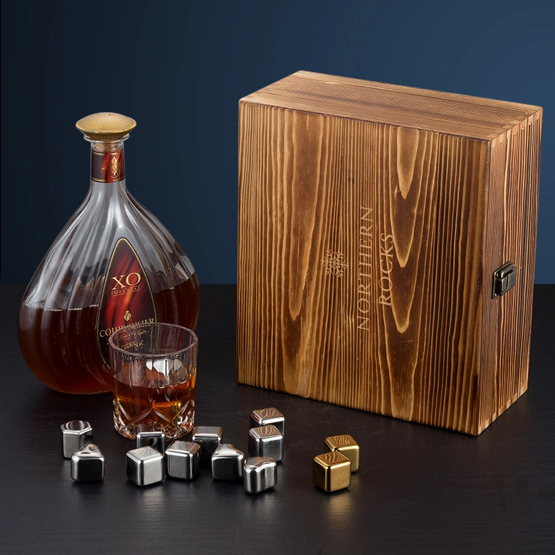 Aço inoxidável Cooling Whiskey Ice cubos Stones e Metal Cooling Conjunto de caixas de madeira Whiskey Stone Glass