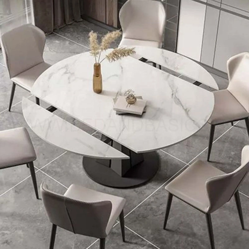 Diseño del fabricante Piedra sinterizada de alta calidad mármol blanco Redondo extensible Mesas de comedor con 6 sillas