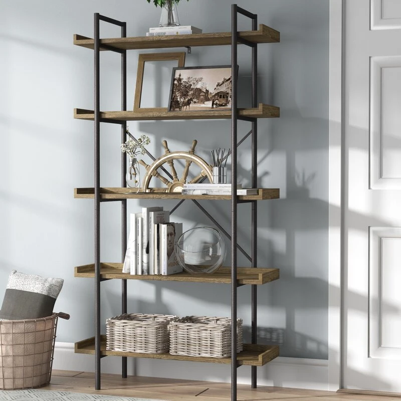 Home Furniture Barnwood Swindell Etagere Ladder Bookcase Shelf with Metal Frame for Living Room