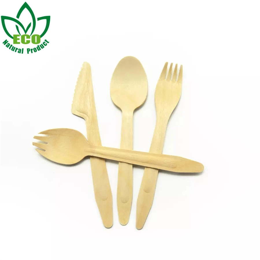 Natural Wood Cutlery Sets Pack with Paper Wrapped Individually Packed Disposable Cutlery