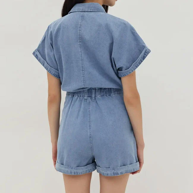 El verano de manga corta mujer Romper la moda casual Botón en blanco arriba Playsuit Denim Jumpsuit corto