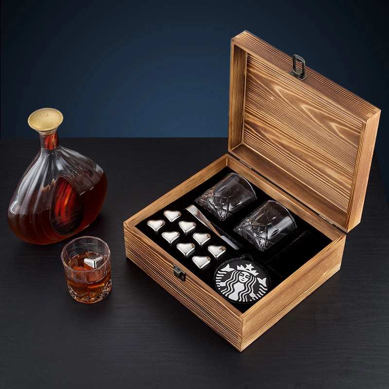 Stainless Steel Cooling Whiskey Ice Cubes Stones and Metal Cooling Whiskey Stone Glass Wooden Box Gift Set