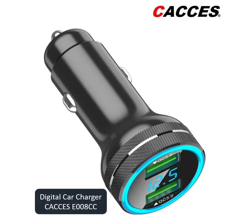 شاحن سيارة Cacce شاحن سيارة ميني ألومنيوم طراز 36W شاحن سيارة مزدوج USB، محول سيارة من نوع Alloy مزود بشاشة LED رقمية زرقاء مزودة بلوحة شحن سريع ولاعة السجائر مهايئ