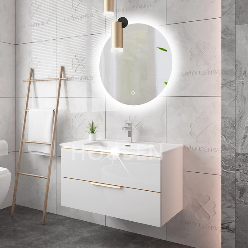 Blanco Pintura MDF Oro Acero inoxidable Muebles de mango ultra largo, almacenamiento múltiple Cajones dobles Armario principal con LED luz interruptor táctil Cuarto de baño