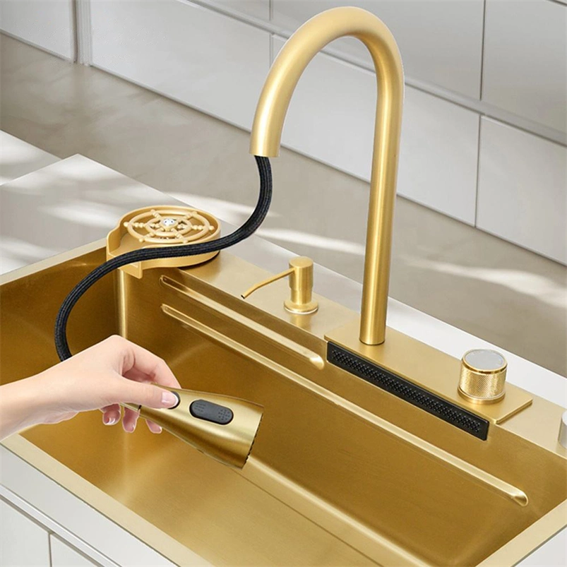 Luxury Hot Sale Modern Handmade 304 Stainless Steel Undermount Kitchen Sink with Wear-Resistant Nano-Brushed Finish, Waterfall Faucet Gold Kitchen Wash Sink