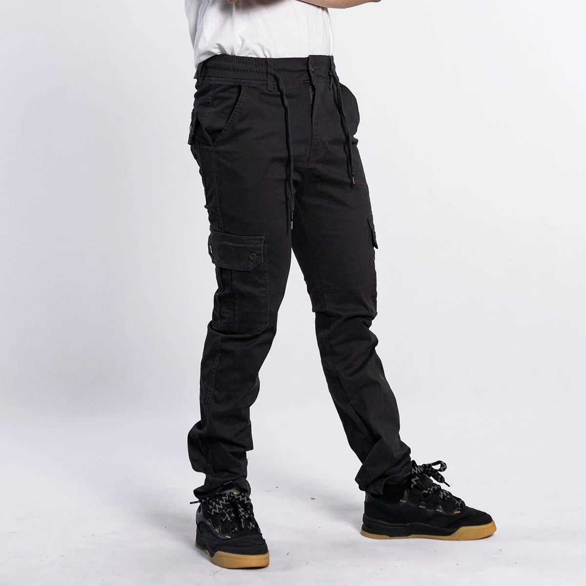 Custom European Style Elastic Waist Black Straight Fashion Men Cargo Pants